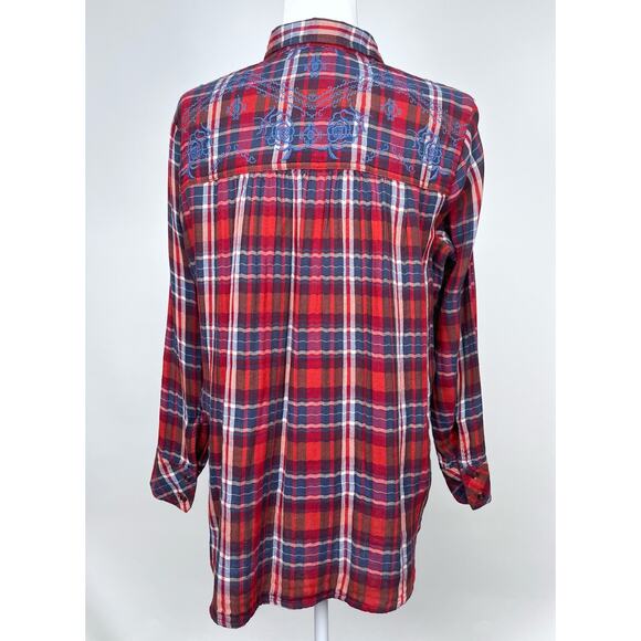 Free People Magical Plaid Embroidered Button Down Top Small Boho Western Fall - Picture 8 of 16